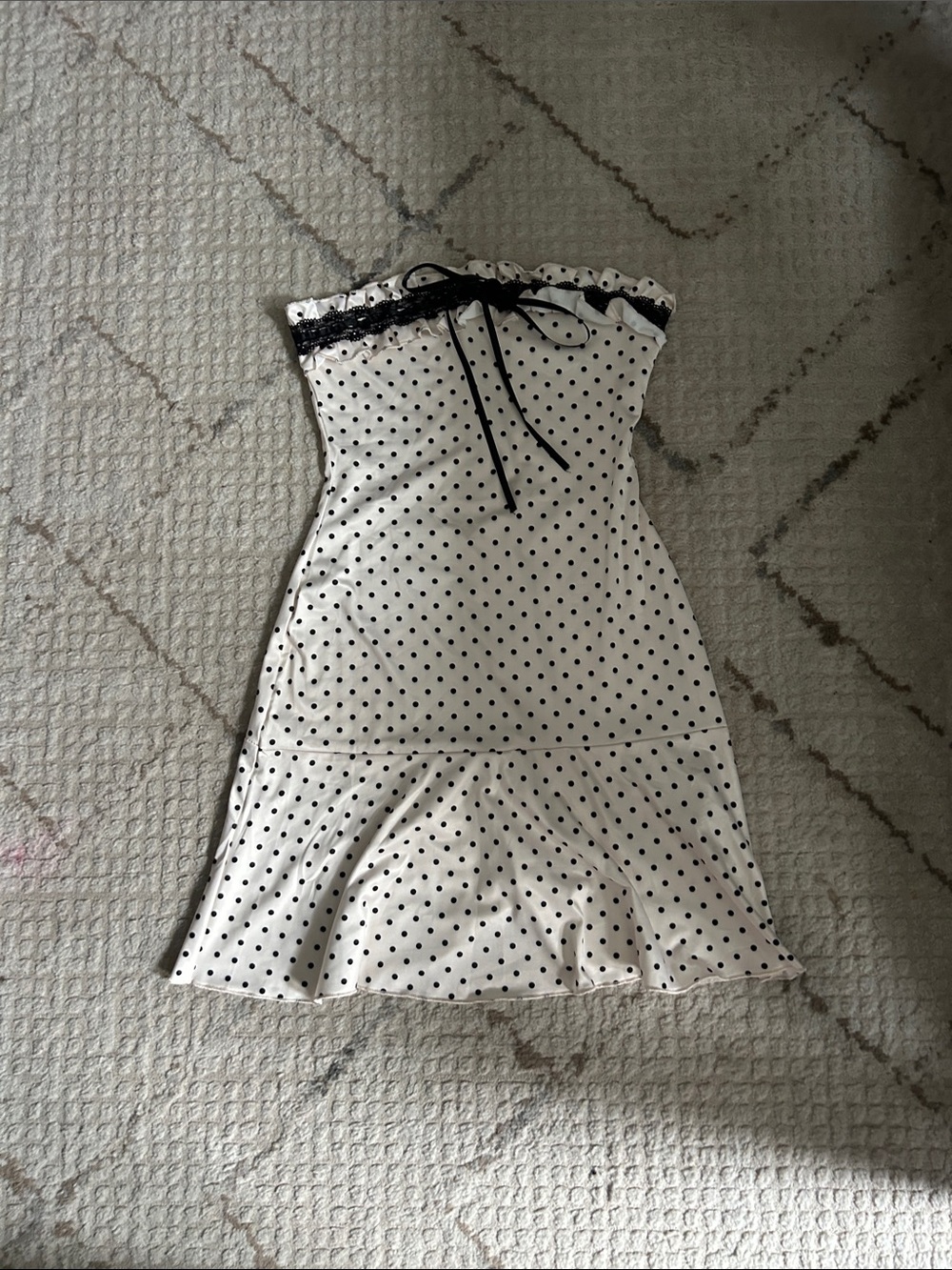 SHEIN White & Black Polka Dot Strapless Ruffle Dress